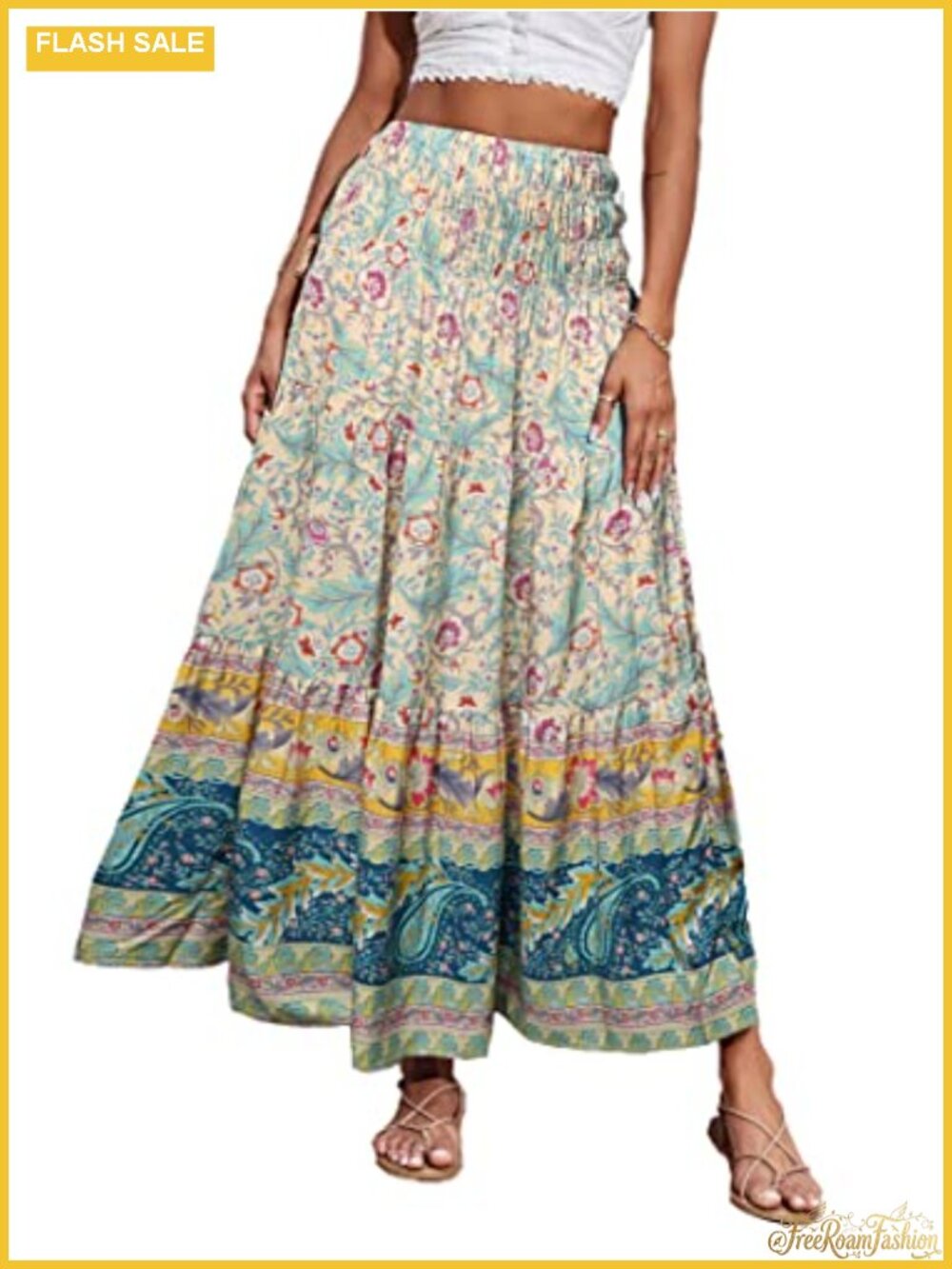 Women's Floral Maxi Skirt A-Line Boho Elastic High Waist Pleated Ruffle